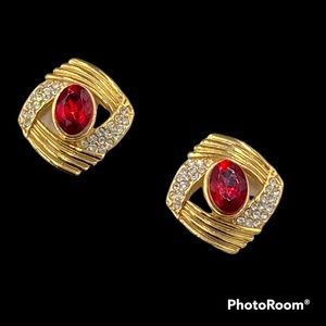 Vintage 1980’s Red Lucite and Rhinestone Clip Earrings